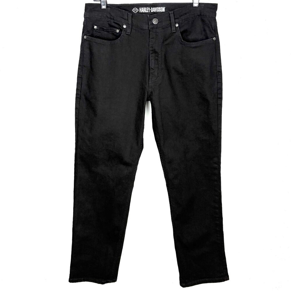 Harley-Davidson Straight Denim Jeans Cotton Stretch Leather Patch Zip Fly 30x30